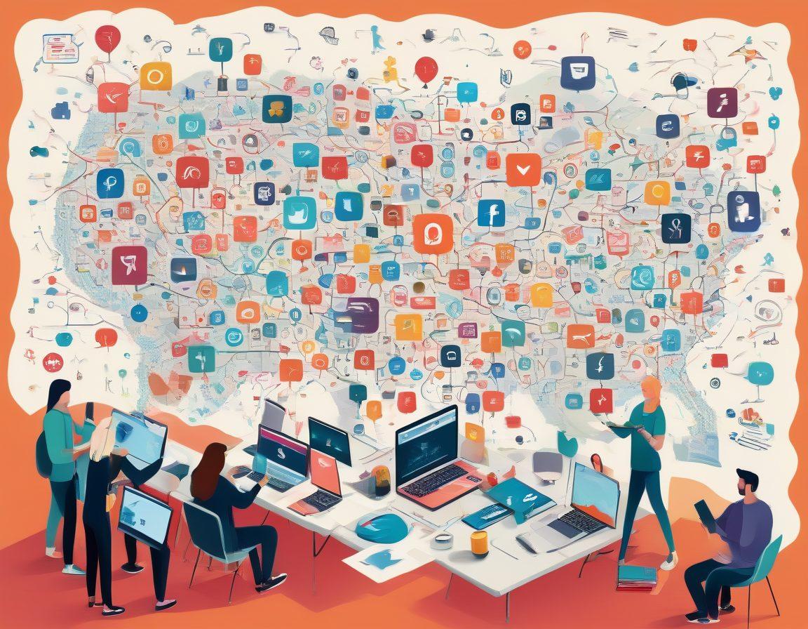 A vibrant illustration featuring a diverse group of bloggers and content creators collaborating around a digital map filled with symbols of various social media platforms and tools. The scene captures a sense of community and creativity, emphasizing strategies with arrows and notes scattered around. Incorporate elements like laptops, cameras, and a lively atmosphere. bright colors. vector art. 3D elements.