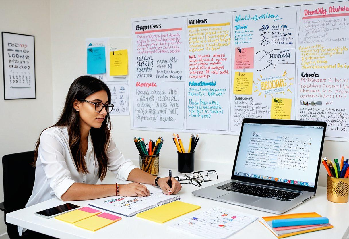 A dynamic scene depicting a person at a desk, surrounded by open notebooks filled with ideas, a laptop displaying a blog interface, and inspiring quotes on sticky notes around them. The background features a colorful journey chart symbolizing growth, with a path from novice to notable success. Bright colors and motivational symbols like light bulbs and arrows enhance the theme of aspiration. super-realistic. vibrant colors. white background.