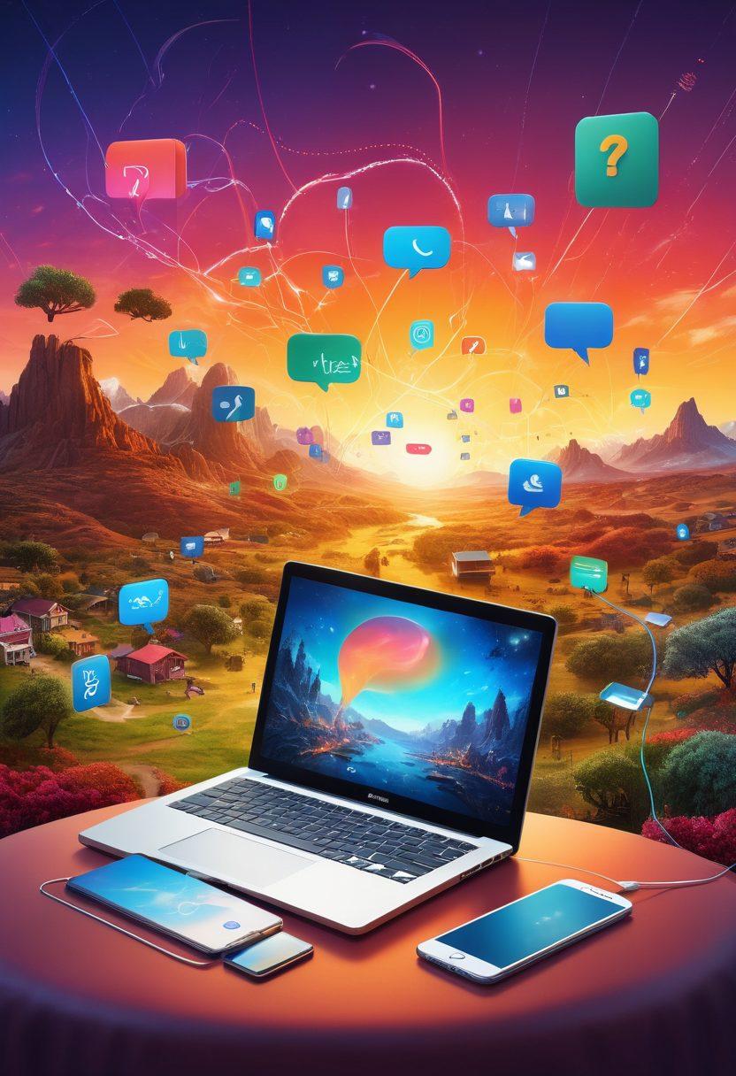 A dynamic digital landscape filled with various storytelling elements like laptops, smartphones, and social media icons, infused with vibrant colors that evoke creativity and engagement. Showcase diverse individuals engaged in storytelling through digital mediums, with connected lines symbolizing networks and community. Include whimsical elements like speech bubbles and open book motifs to signify the fusion of storytelling and technology. Ensuring a modern, inviting atmosphere that empowers viewers. super-realistic. vibrant colors. 3D.